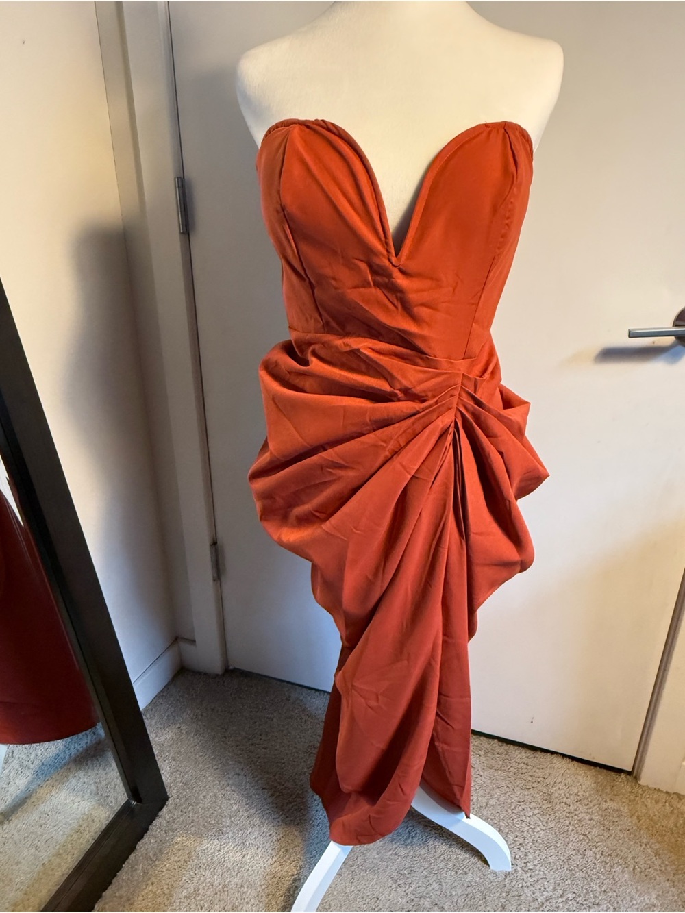 PrettyLittleThing Strapless Rust Draped Midi Dress